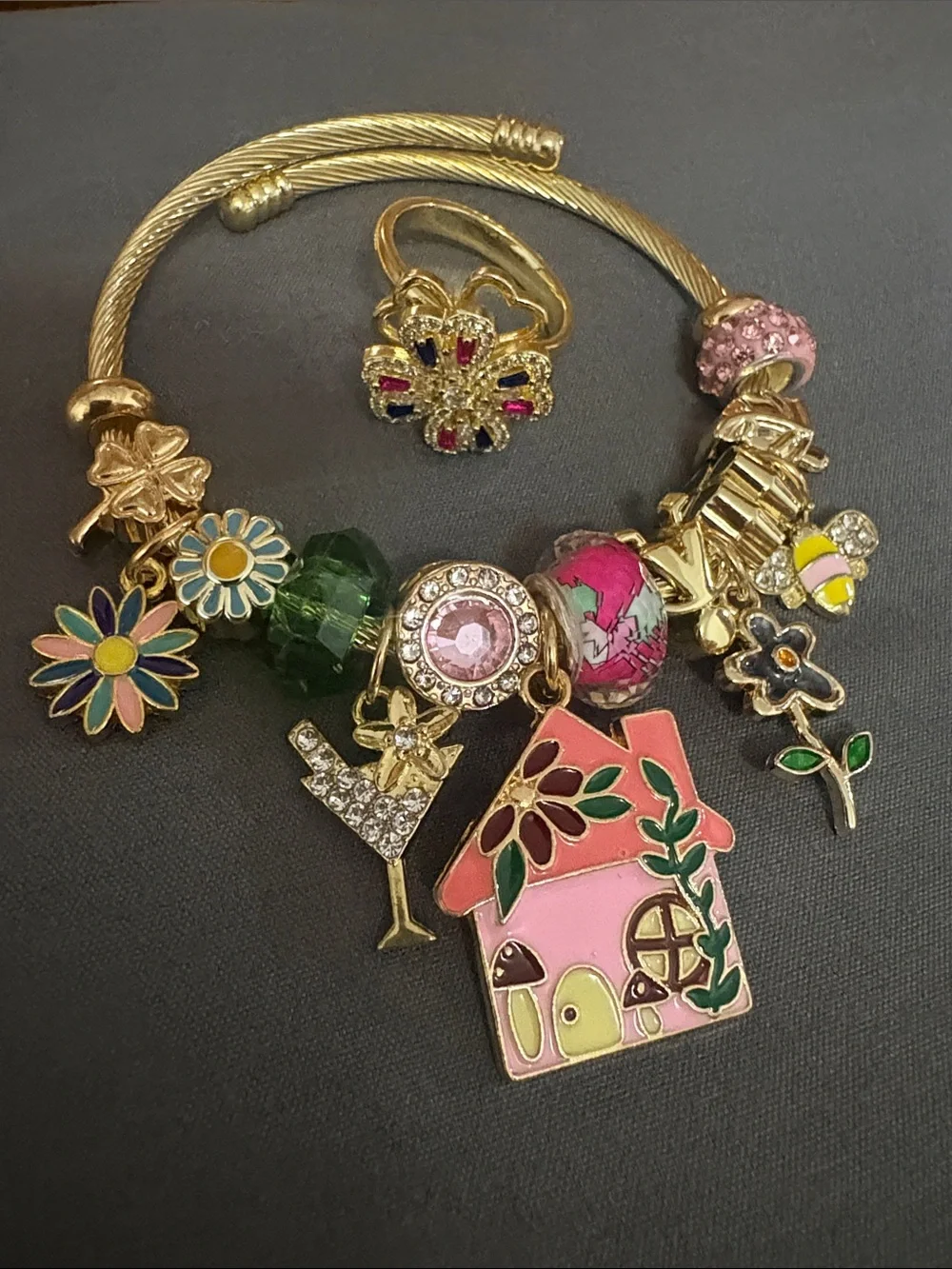 Gold-Tone Pink Enamel House Charm Bangle Bracelet & Ring set
